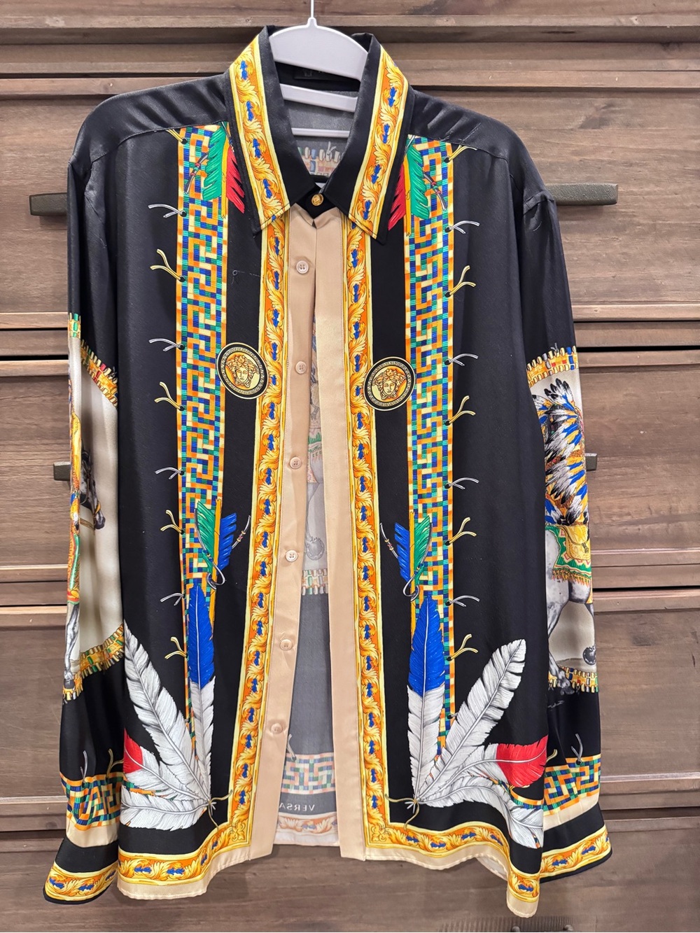 Versace Black Multicolor Printed Silk Shirt Jacket with Gold Trim